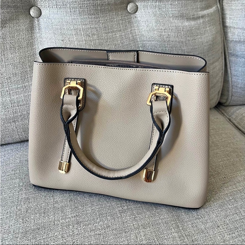 La Terre Fashion Beige Pebbled Satchel with Top Handles - Picture 3 of 5